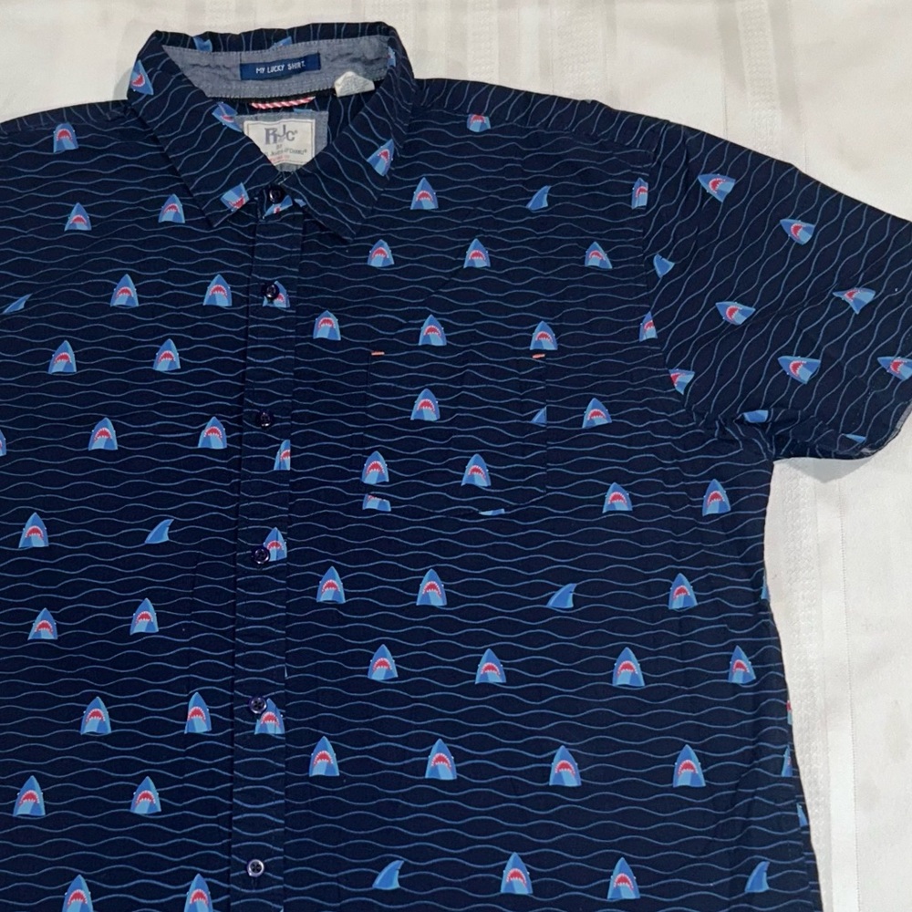 Rebel James & Charli shark print button down shirt 
XXL short sleeve cotton